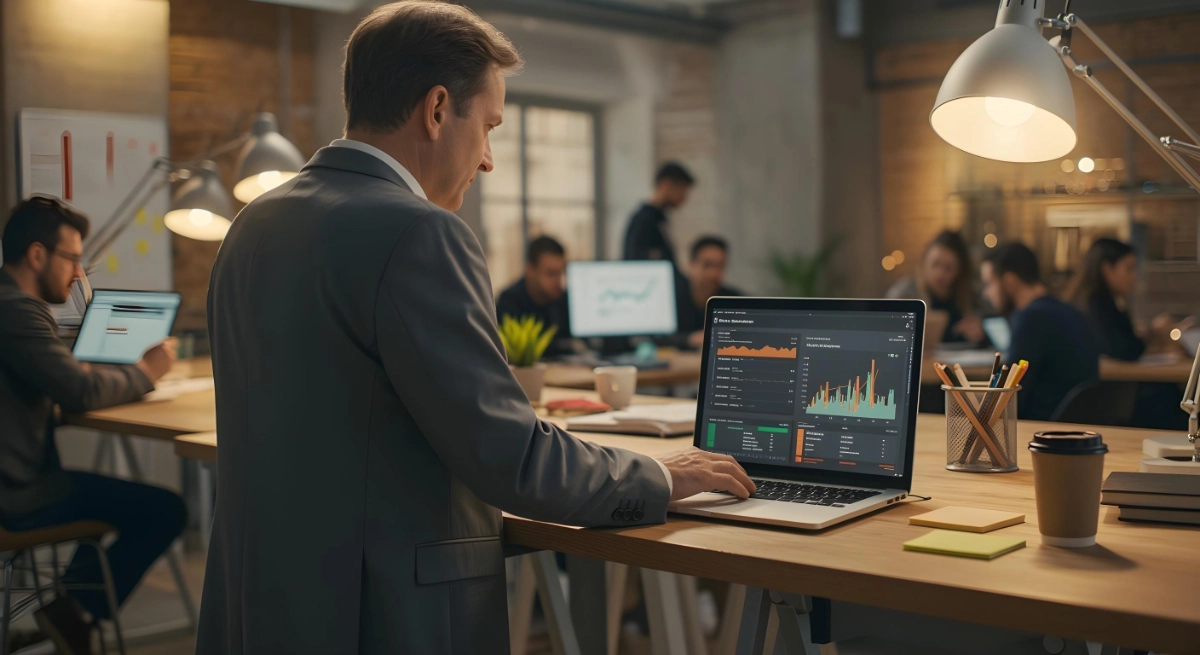 Persona evaluando negocios rentables en España con gráficos de retorno y cumplimiento legal.