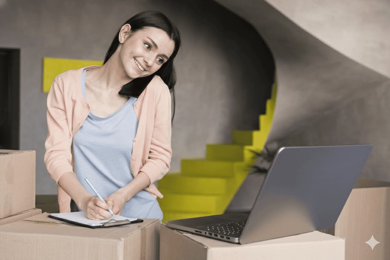 Emprendedora gestionando la logística de su tienda de dropshipping desde España rodeada de paquetes y usando su portátil.