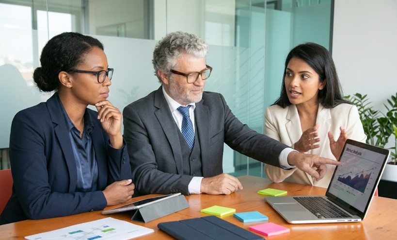 Equipo de asesores legales realizando una due diligence en un portátil para resolver conflictos en empresas proindivisos en España.