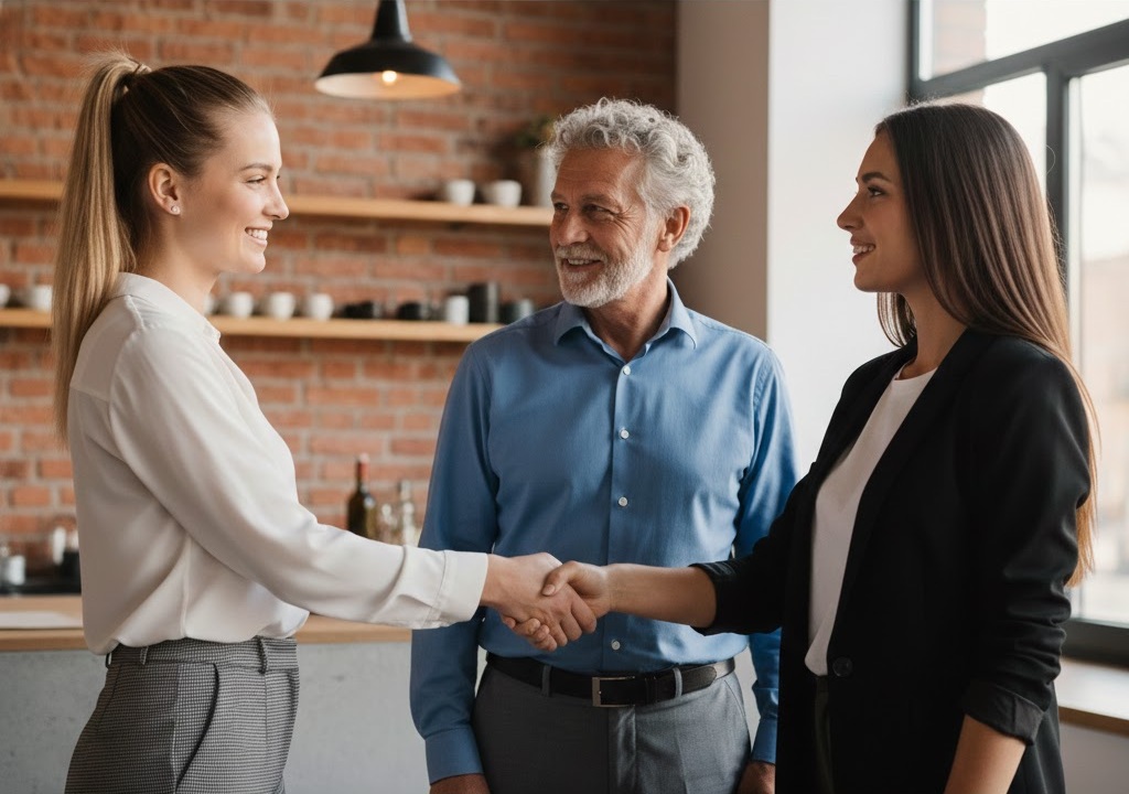 Consultor experto estrechando la mano a emprendedores tras validar una inversión en franquicias rentables en España.