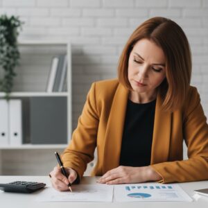 Consultora senior analizando rentabilidad y deducciones por innovación tecnológica para optimizar los incentivos fiscales por I+D+i en España de una empresa.