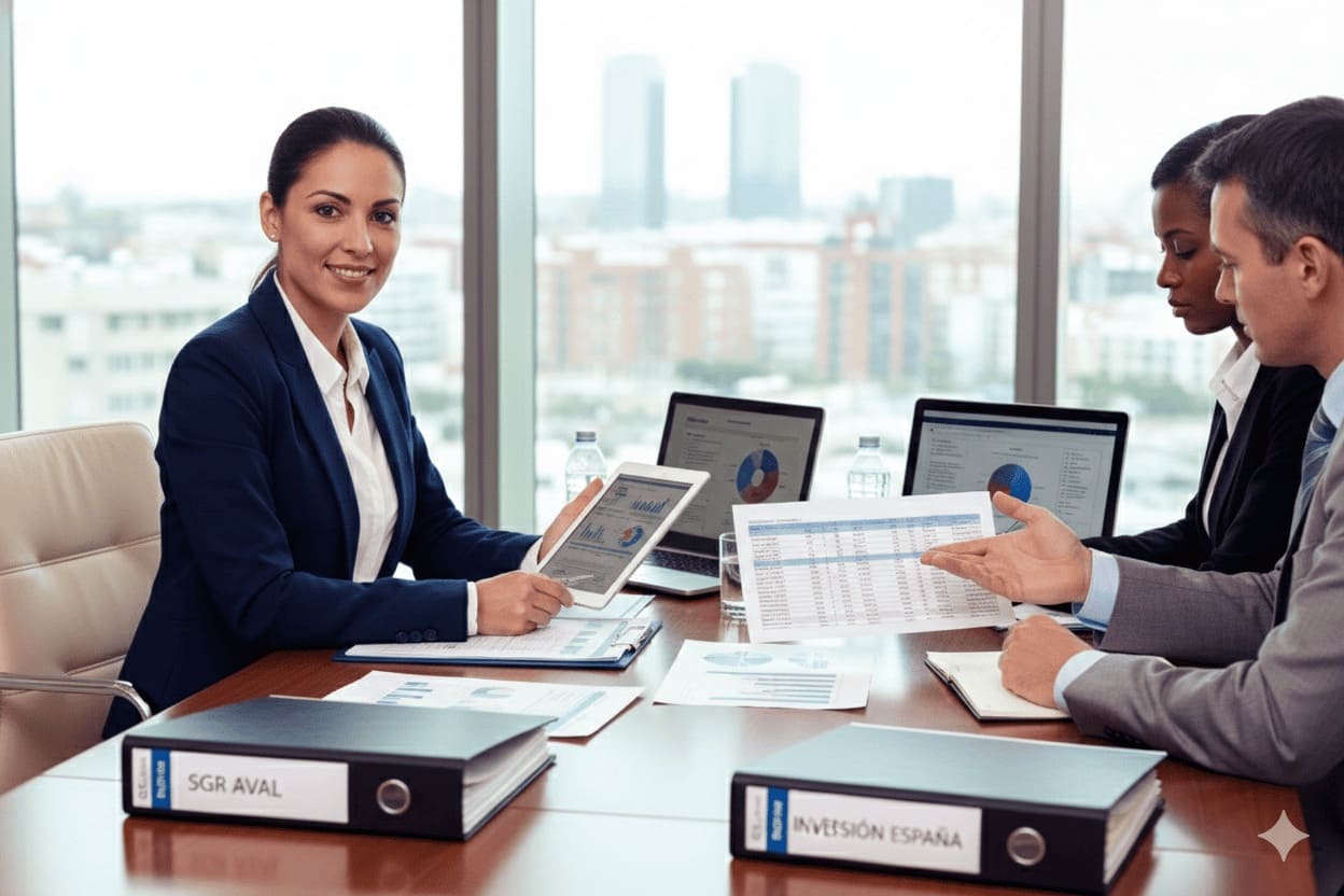 Consultores analizando avales de la SGR en España para financiación de emprendedores extranjeros en una oficina de negocios.