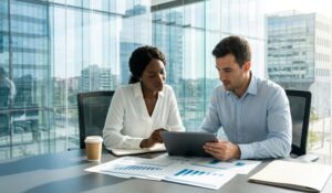 Consultores analizando el ratio que es determinante y el coeficiente financiero de rentabilidad en un negocio español.